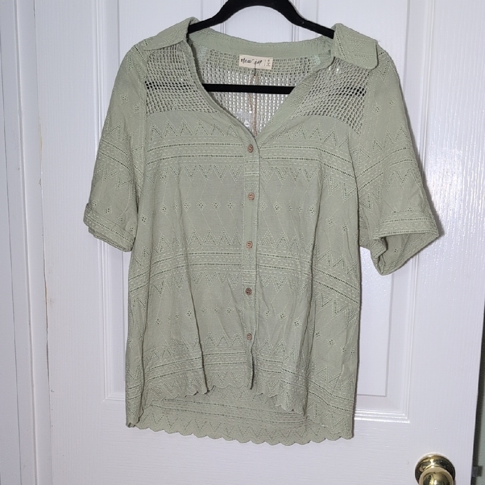Light Green Crochet Button-Up Women's Top